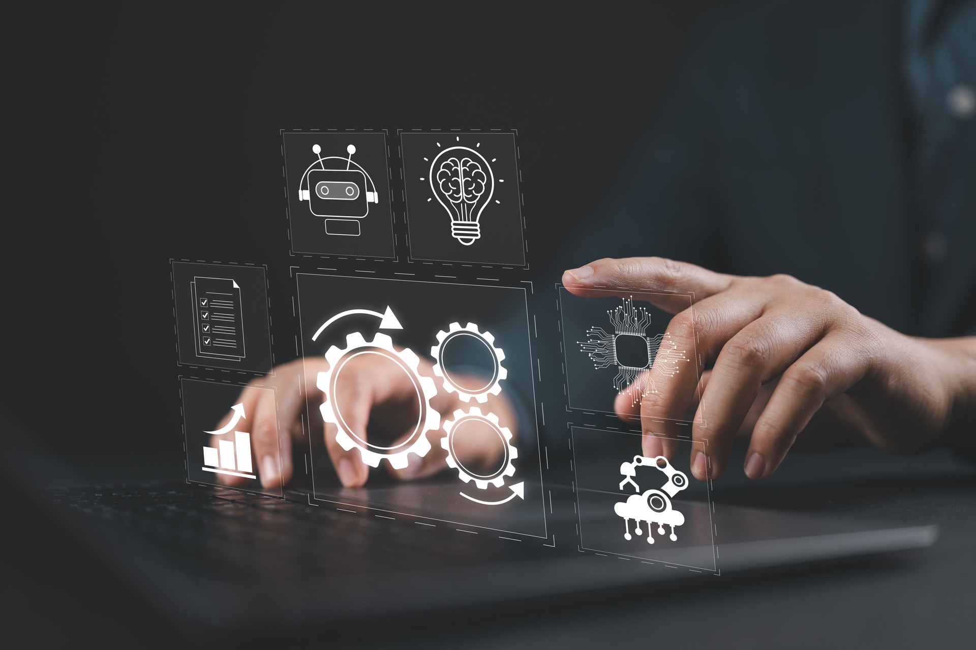 RPA, Robotic process automation concept. Businessman use laptop with virtual automation technology for automate business tasks with AI. Digital transformation and change management.